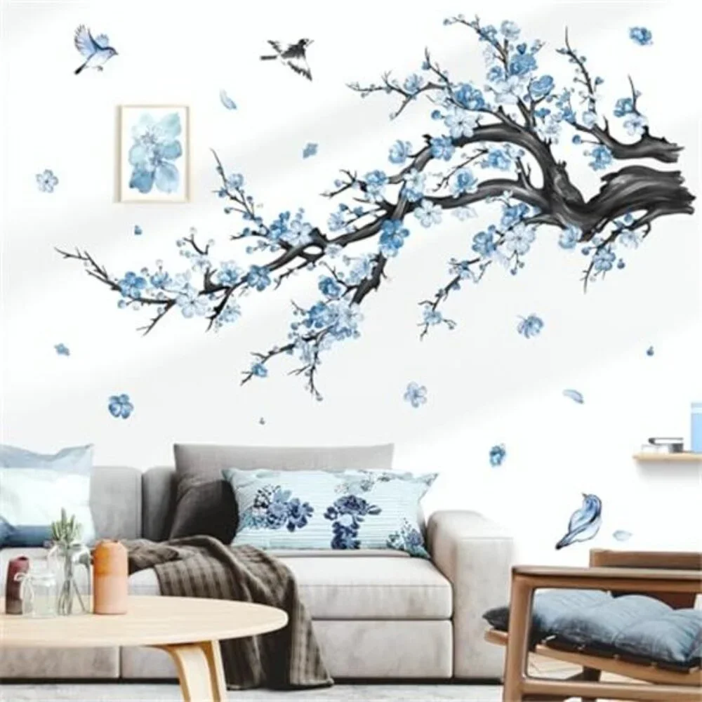 Blue Flower Wall Decals Watercolor Floral Tree Branch Stickers Bedroom Living